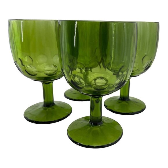 Set Of 4 Green Coin Dot Bartlett Collins Goblets Footed Thumbprint Pedestal Glas - Picture 3 of 13